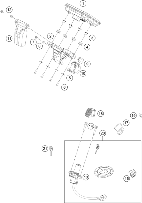 vue éclatée instruments / système de verrouillage - ktm 200 duke, black, abs-ckd ph 2026