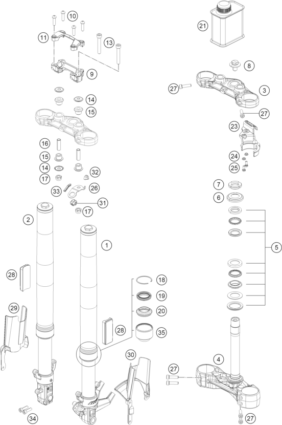 vue éclatée fourche téléscopique, té de fourche - ktm 200 duke, blue, abs-ckd ph 2026