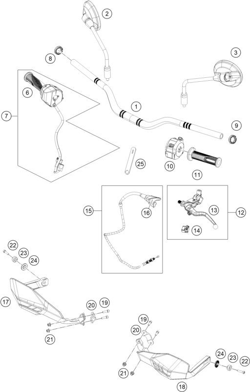 vue éclatée guidon, armatures - ktm 390 enduro r - ckd co 2026