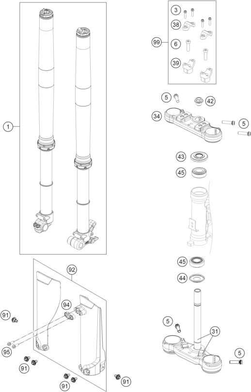 vue éclatée fourche téléscopique, té de fourche - ktm 65 sx 2027