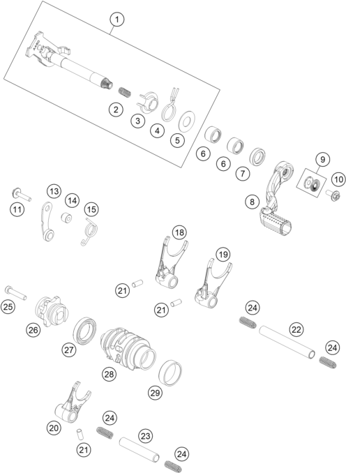 vue éclatée mécanisme de sélection - ktm 125 sx 2027