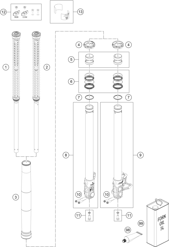 vue éclatée fourche téléscopique - ktm 690 smc r 2 2026